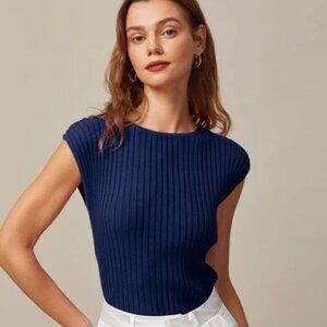 NEW IN PACKAGING Rihoas The Blue Boat Neck Ribbed Cap Sleeve Knit Tee NWT